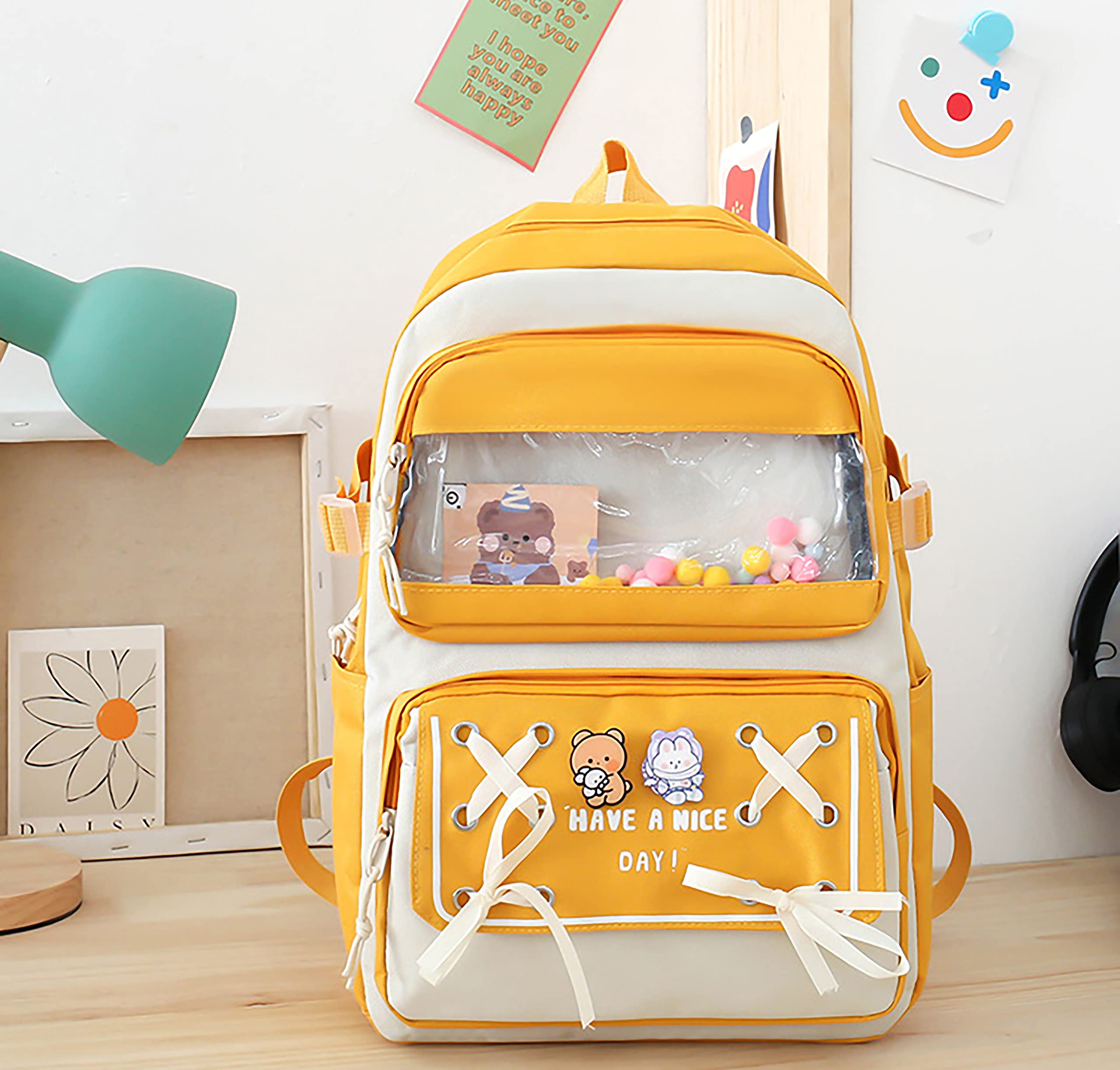 DUOBAOYU 5PCS Kawaii Backpack Set with Cute Pendants and Pins Accessories Cute Aesthetic Rucksack 17in School Bags Bookbag (Yellow2, 17in)