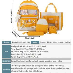 DUOBAOYU 5PCS Kawaii Backpack Set with Cute Pendants and Pins Accessories Cute Aesthetic Rucksack 17in School Bags Bookbag (Yellow2, 17in)