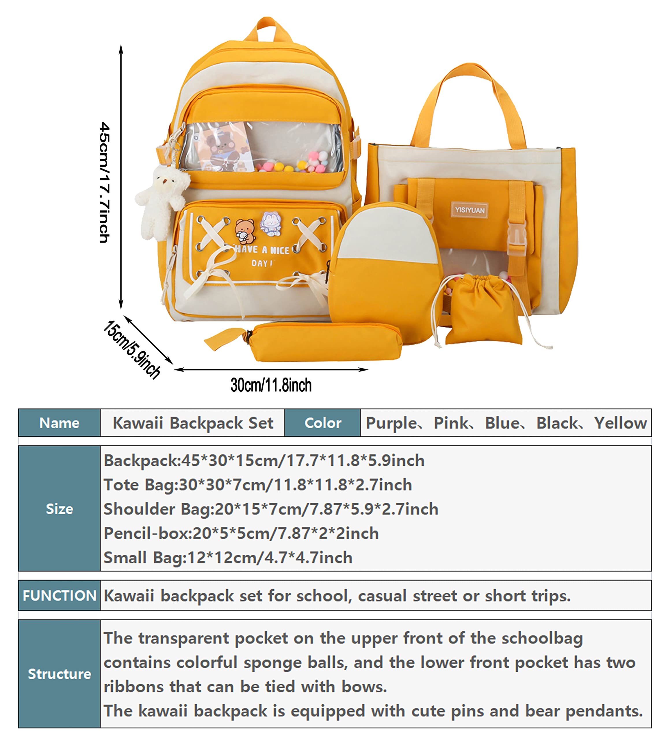 DUOBAOYU 5PCS Kawaii Backpack Set with Cute Pendants and Pins Accessories Cute Aesthetic Rucksack 17in School Bags Bookbag (Yellow2, 17in)