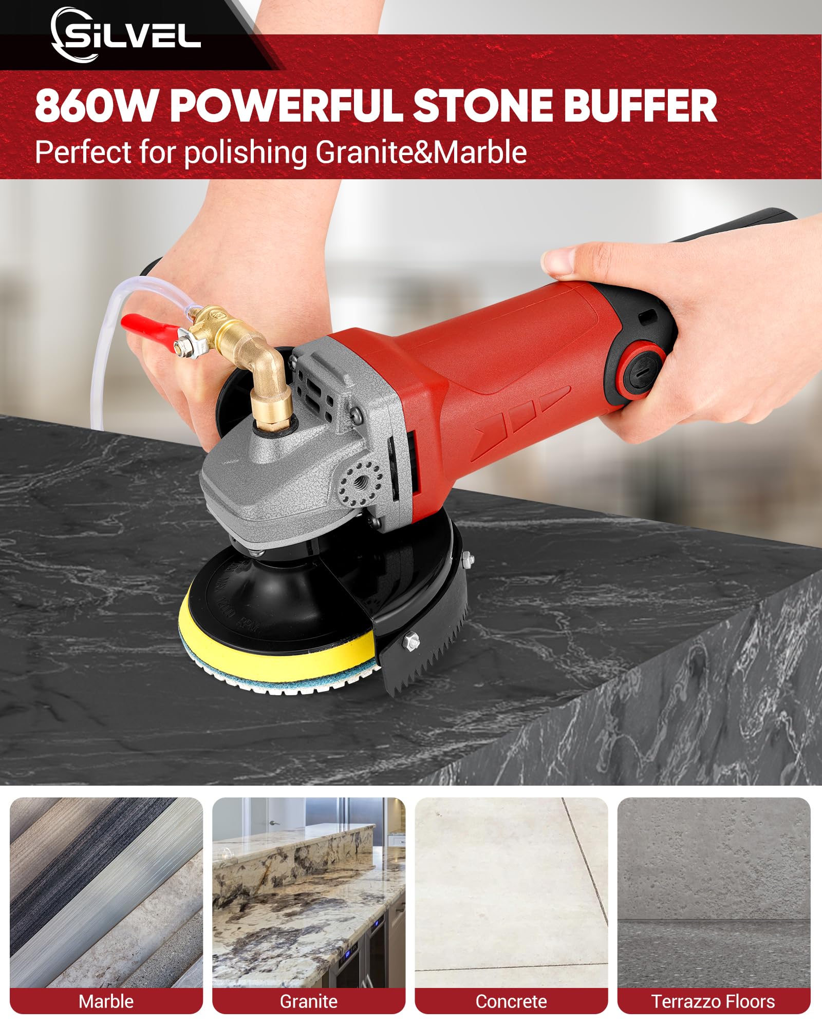 SILVEL Wet Polisher, 860W/110V 6 Variable Speed Granite Polisher with Diamond Polishing Pads , Concrete Polisher, Stone Polisher for Granite/Marble/Concrete/Stones