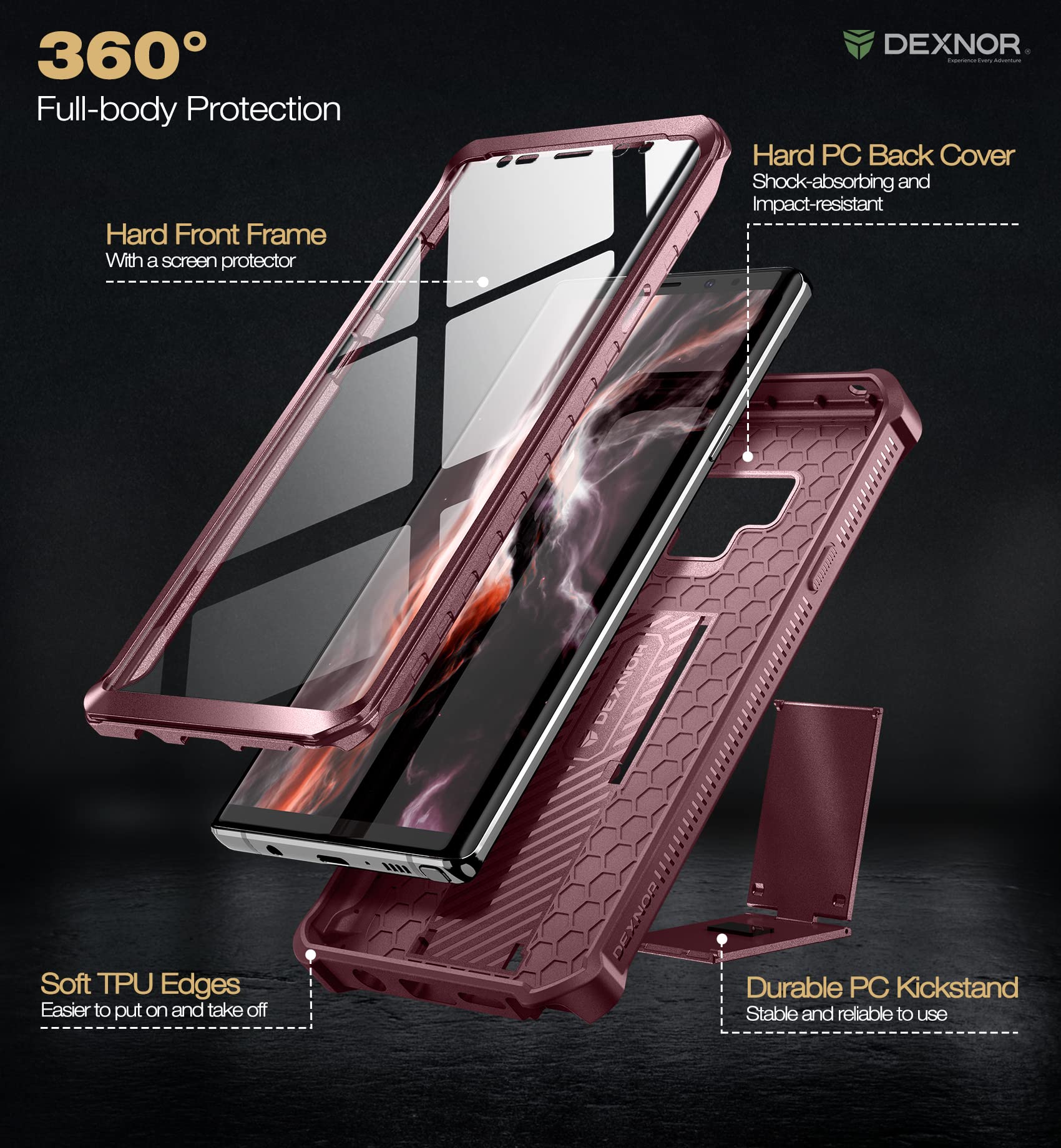 Dexnor Full Body Case for Samsung Galaxy Note 9/6.4 inches, [Built in Screen Protector and Kickstand] Heavy Duty Military Grade Protection Shockproof Protective Cover for Galaxy Note 9,Maroon Red