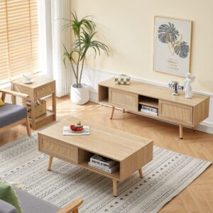 Tansole Natural Oak Modern Coffee Table, Rectangular with Storage, Rattan Woven Design, Living Room Center Table, 41.34x21.65x16.34 inches, 36.3 pounds