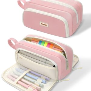 SUNEE Cute Pencil Case, Aesthetic Pen Pouch with 3 Compartments, Kawaii Colored Large Pencil Bag with Zipper, Stationery Storage and Organizer, Pink School Supplies for Teen and Adult Girls