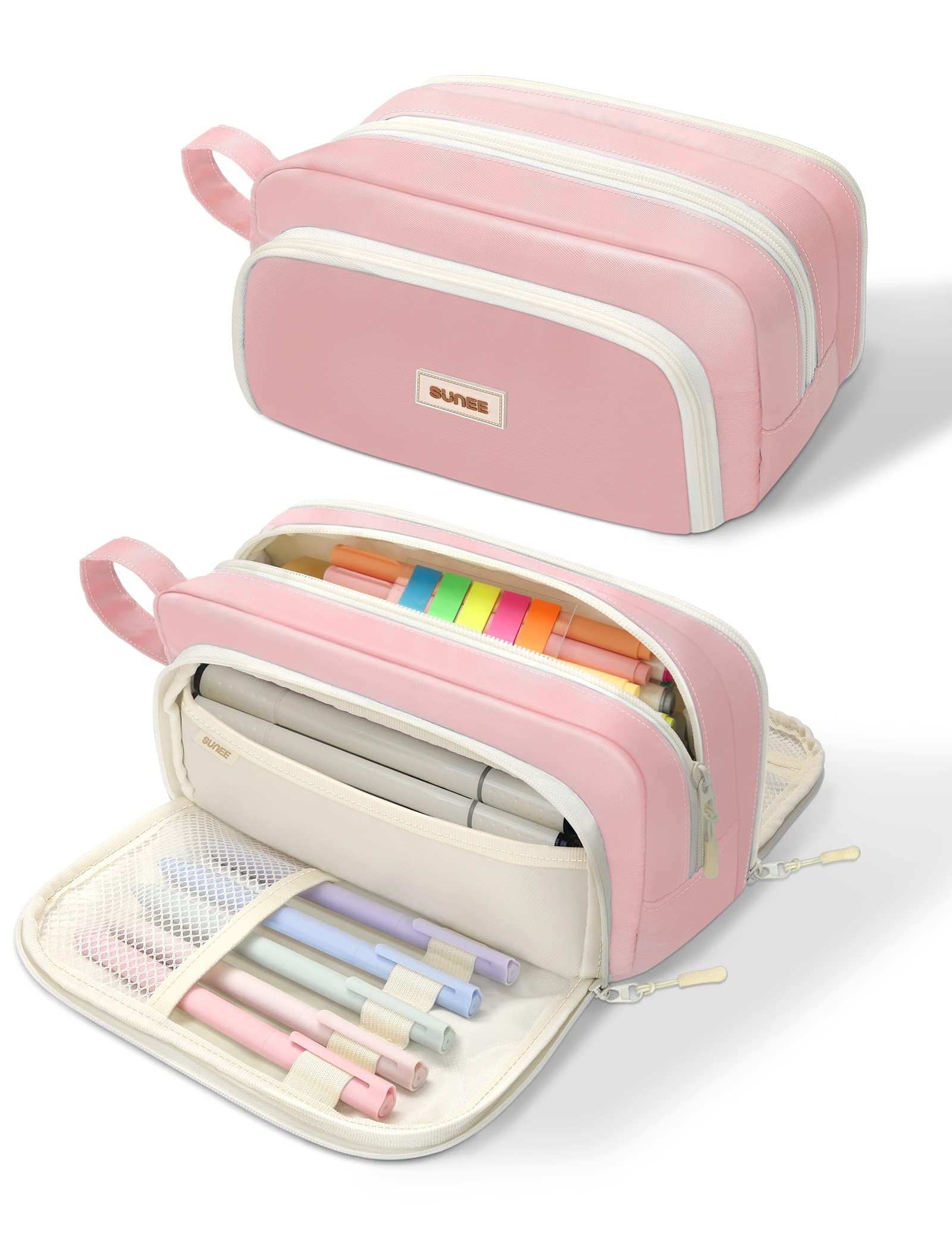 SUNEE Cute Pencil Case, Aesthetic Pen Pouch with 3 Compartments, Kawaii Colored Large Pencil Bag with Zipper, Stationery Storage and Organizer, Pink School Supplies for Teen and Adult Girls