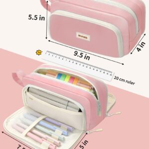 SUNEE Cute Pencil Case, Aesthetic Pen Pouch with 3 Compartments, Kawaii Colored Large Pencil Bag with Zipper, Stationery Storage and Organizer, Pink School Supplies for Teen and Adult Girls