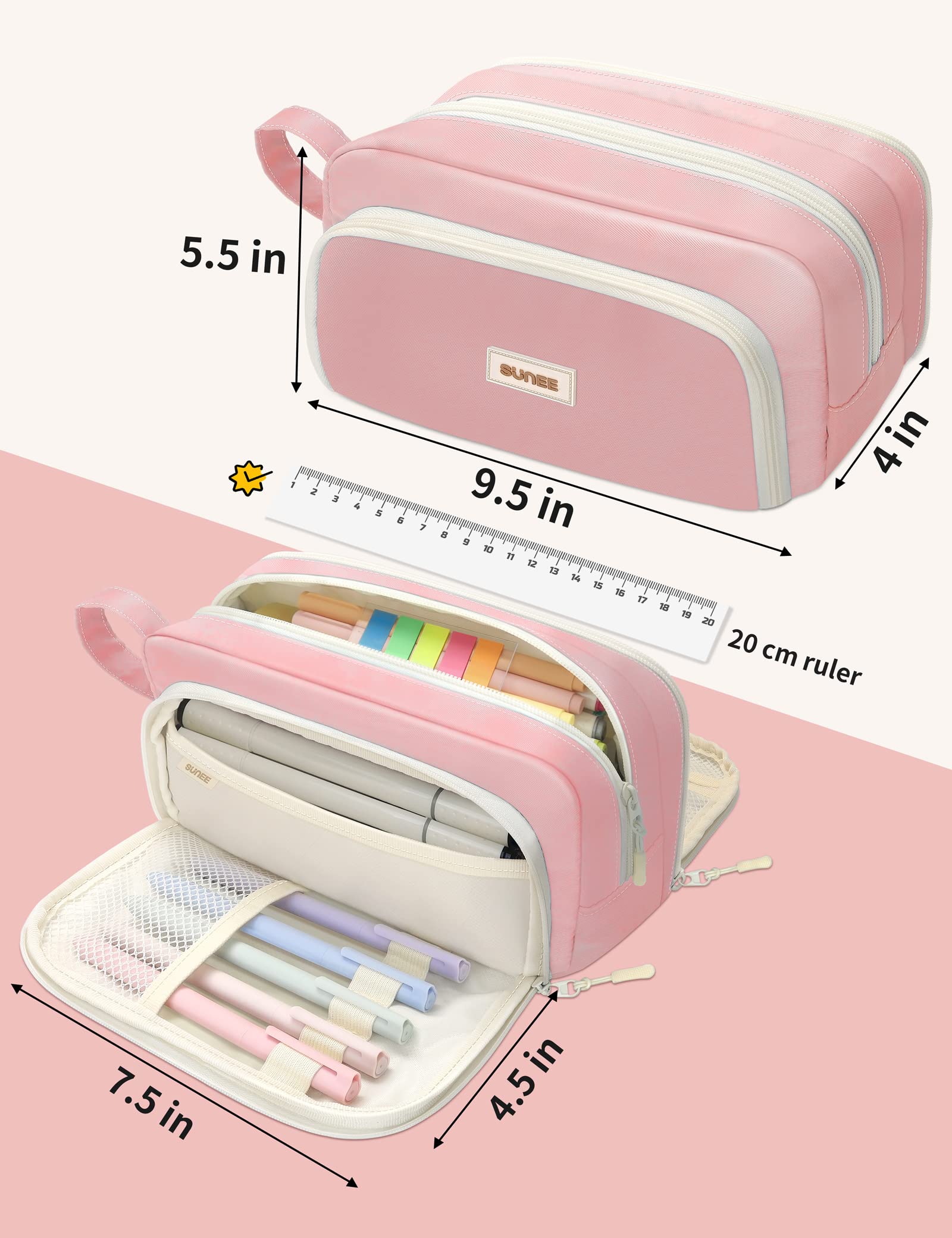 SUNEE Cute Pencil Case, Aesthetic Pen Pouch with 3 Compartments, Kawaii Colored Large Pencil Bag with Zipper, Stationery Storage and Organizer, Pink School Supplies for Teen and Adult Girls