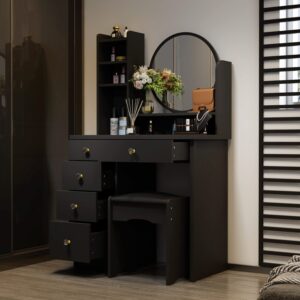 hitow vanity desk set with mirror, makeup vanity with 5 drawer & shelf, dressing table with touch screen light & jewelry organizer for bedroom, black (no light)