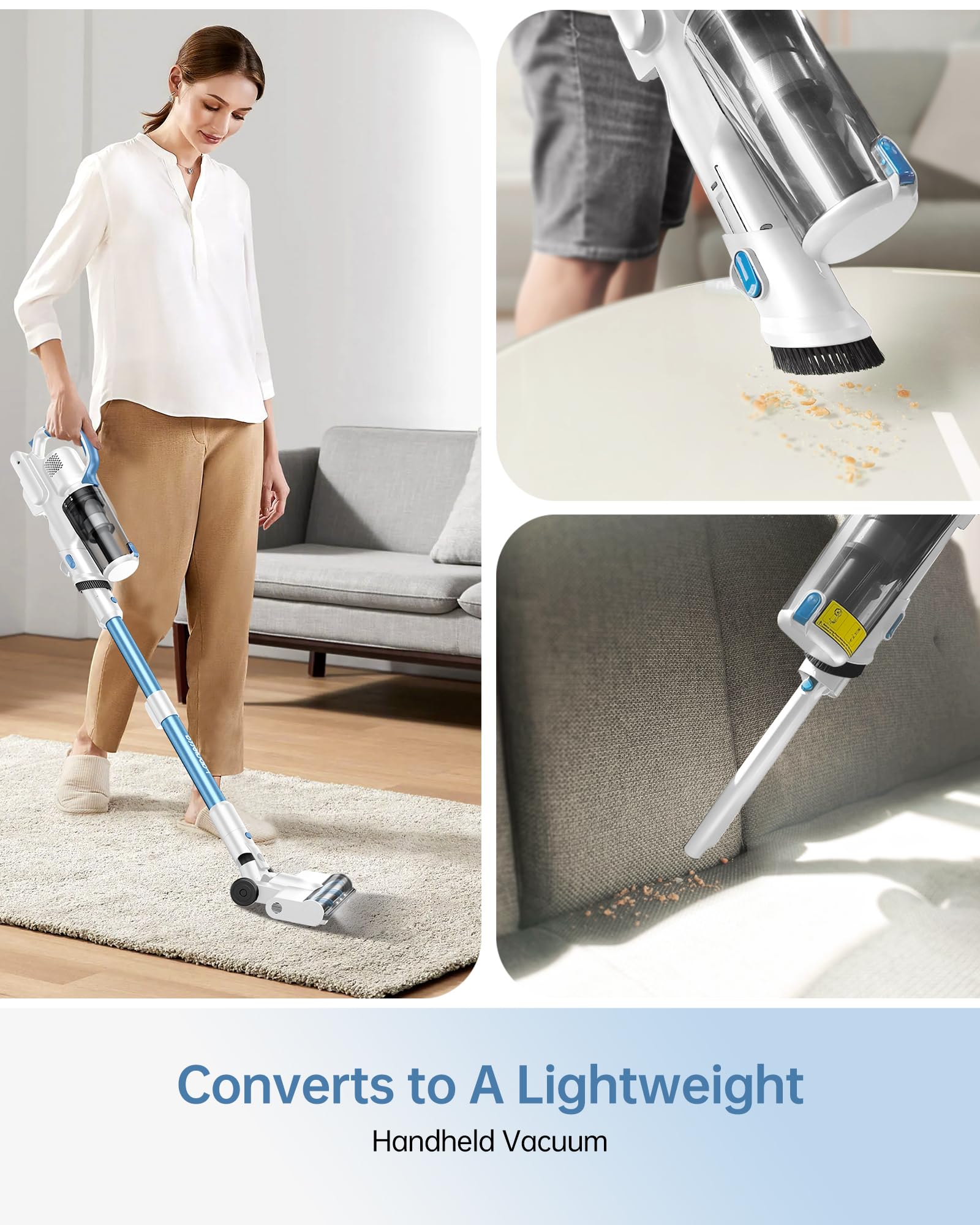 FABULETTA Cordless Vacuum Cleaner for Home, Up to 45 Min Runtime 6 in 1 Stick Vacuum Cleaner with Detachable Battery, Super Lightweight, Great for Pet Hair & Carpet & Hard Floor,White