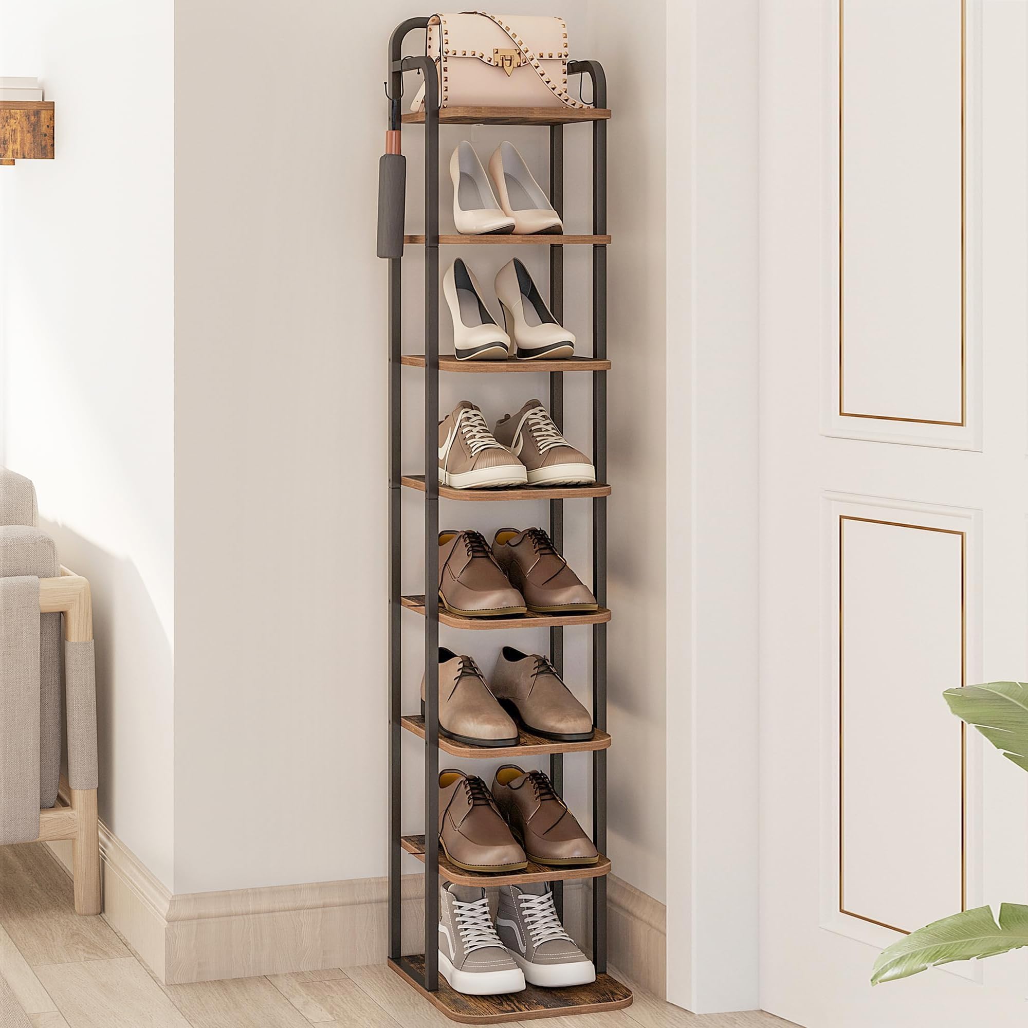 Hzuaneri Vertical Shoe Rack, Shoe Shelves, Wood Shoe Organizer for Closet, Entryway, Shoe Tower for Small Spaces, Free Standing, Adjustable, with 2 Hooks, 8 Tier Rustic Brown SR04301B