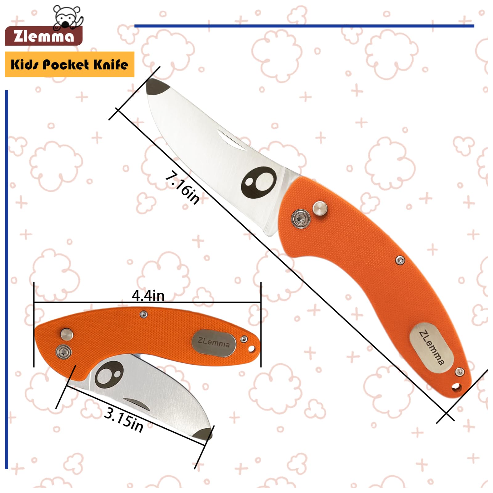 ZLemma Kids Pocket Knife with Clip & Safe Rounded Tip for Boy First Knife, Toddler Starter folding Knives with Japanese 420J2 Stainless Steel Sharpened Blade & Durable G10 Handle (Orange)