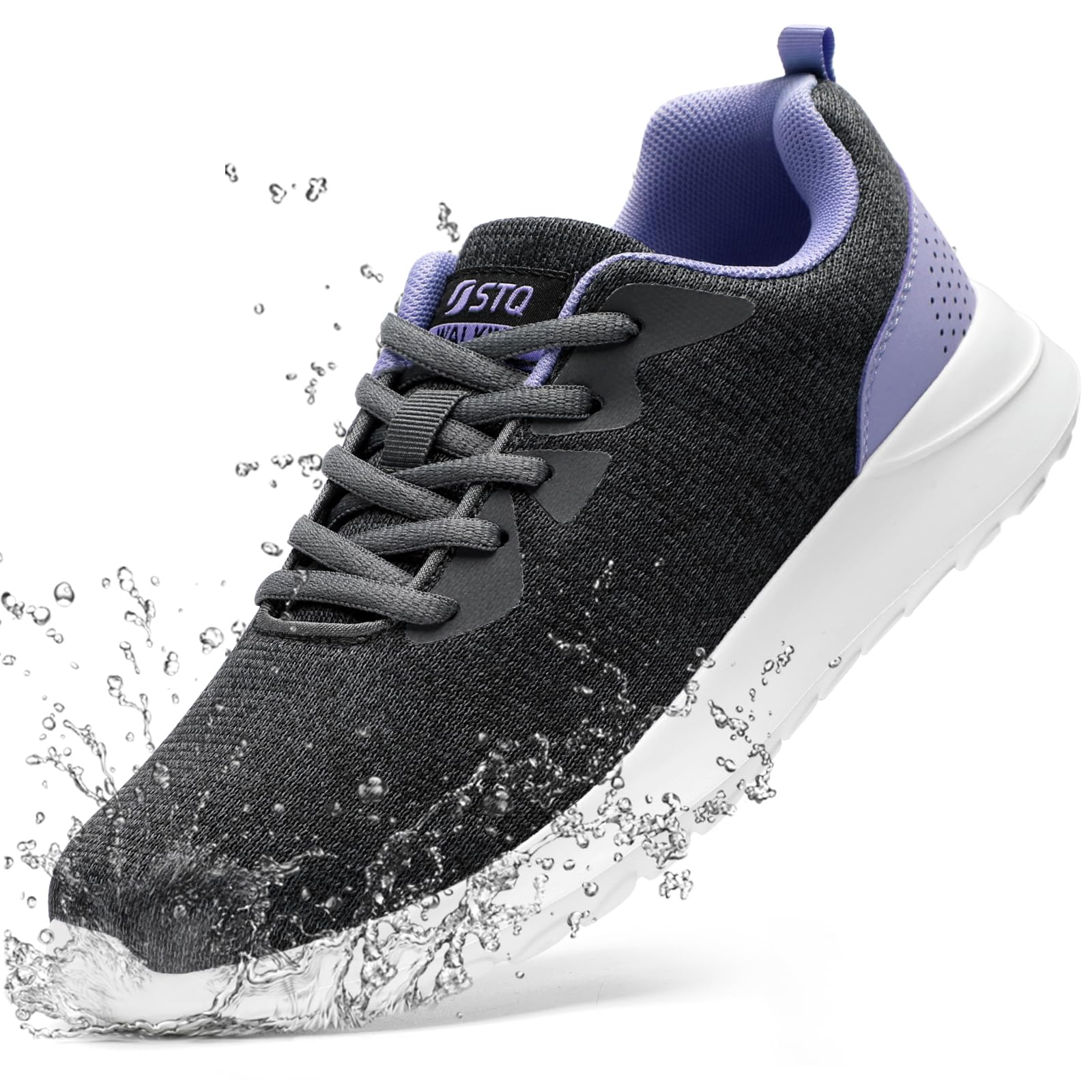 STQ Womens Water Resistant Tennis Shoes Arch Support Walking Shoes Casual Lace Up Sneakers for Workout Charcoal Grey Purple US 8