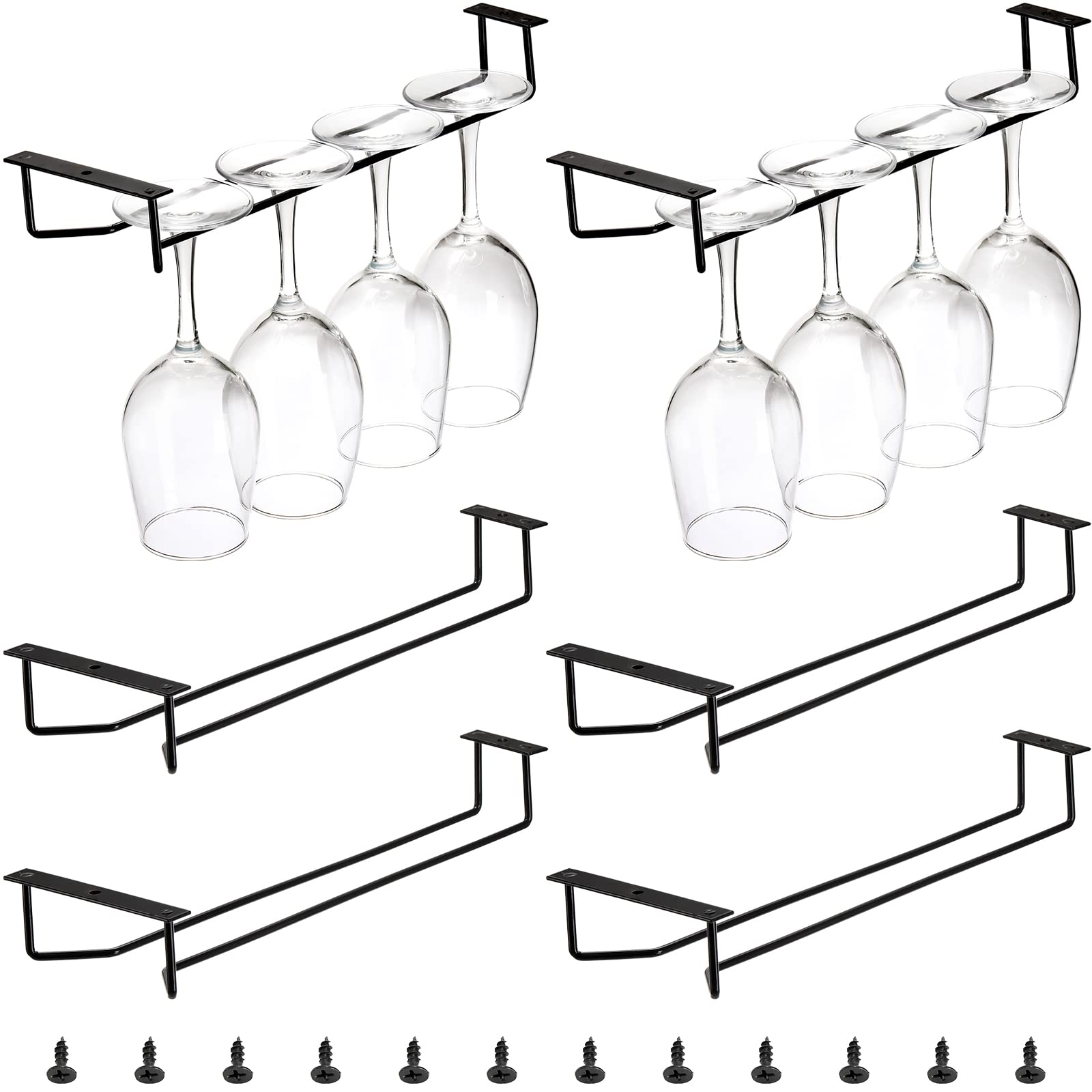 Dicunoy 6 Pack Black Wine Glass Rack, 14 Inch Under Cabinet Stemware Holder, Wall Mounted Iron Wine Glass Hanging Rack for Shelf, Kitchen, Bar, Wine Cellar Storage, Organizer, Display