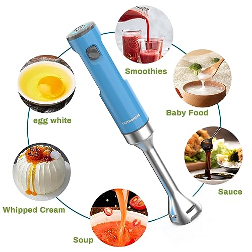 Cordless Hand Blender, OUTRONSM Immersion Blender Rechargeable, with Charging Cable, 500ml Chopper, 600ml container, Egg Whisk, for Smoothies, Milkshakes, Baby Food and Soups – Blue