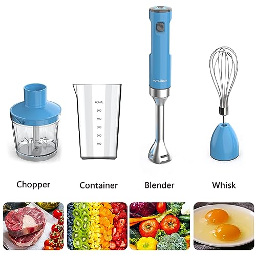 Cordless Hand Blender, OUTRONSM Immersion Blender Rechargeable, with Charging Cable, 500ml Chopper, 600ml container, Egg Whisk, for Smoothies, Milkshakes, Baby Food and Soups – Blue