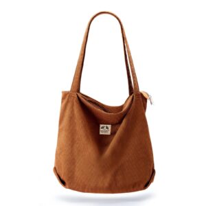 corduroy tote bag for women, tote bag with zipper large capacity shoulder bag with inner pocket handbag for travel, khaki