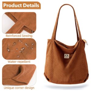 Corduroy Tote Bag for Women, Tote Bag with Zipper Large Capacity Shoulder Bag with Inner Pocket Handbag for Travel, Khaki