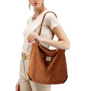 Corduroy Tote Bag for Women, Tote Bag with Zipper Large Capacity Shoulder Bag with Inner Pocket Handbag for Travel, Khaki