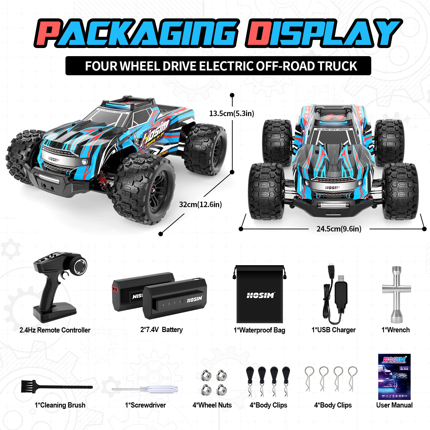 Hosim 1:14 RC Cars with Colorful LED Lights, 40+ KPH High Speed Remote Control Car, 4WD RC Trucks Waterproof Off-Road Jumping Crawler for Boys Children Adults