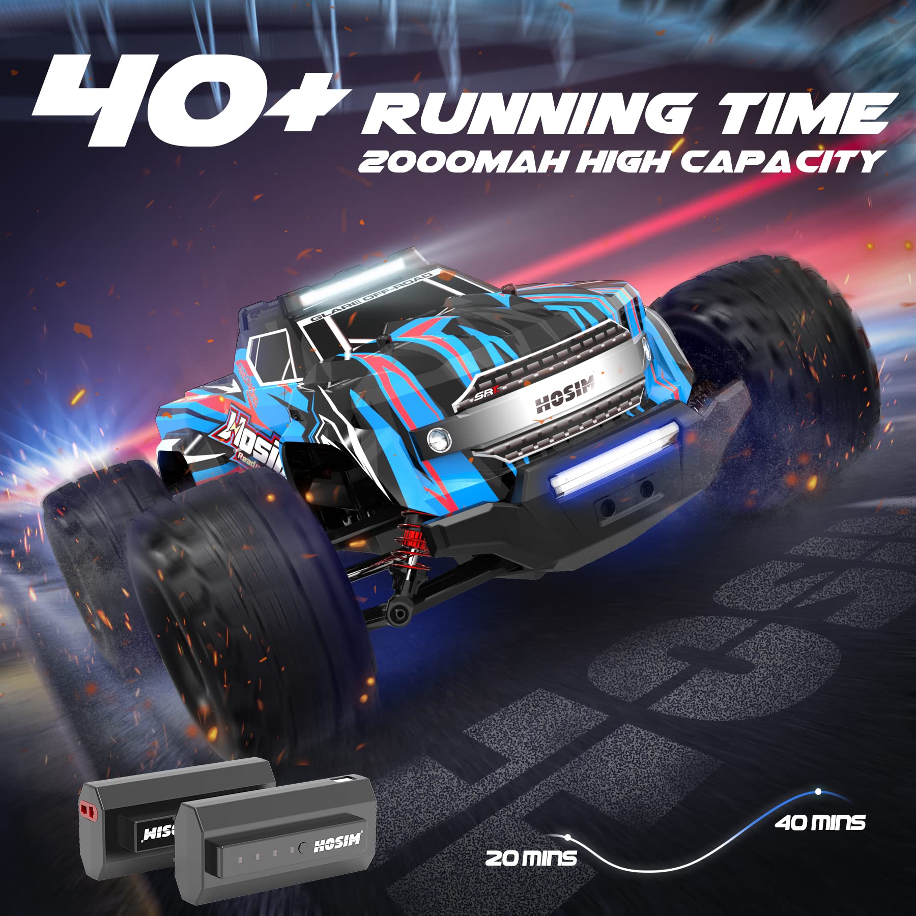 Hosim 1:14 RC Cars with Colorful LED Lights, 40+ KPH High Speed Remote Control Car, 4WD RC Trucks Waterproof Off-Road Jumping Crawler for Boys Children Adults