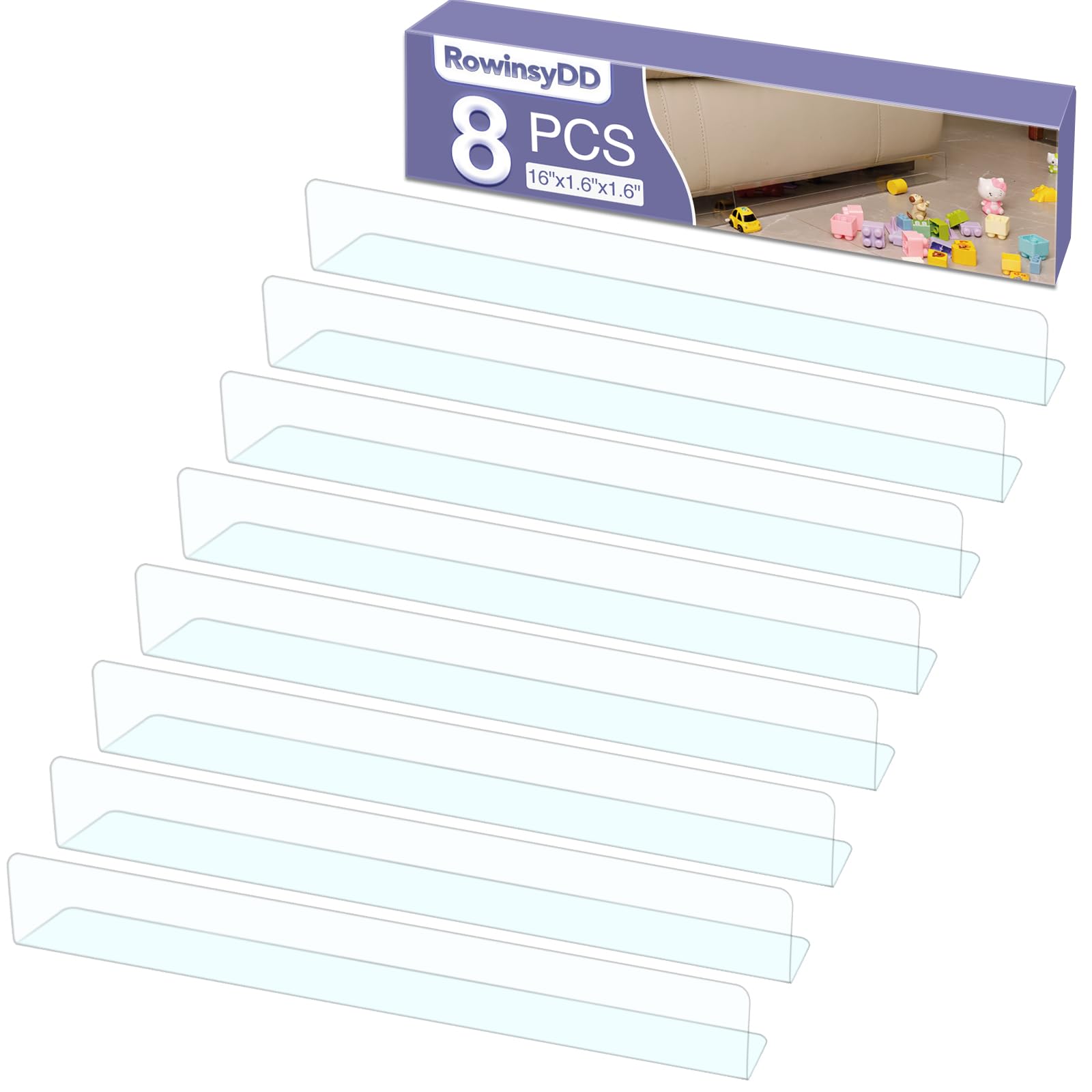 RowinsyDD 8 Pack Toy Blocker for Furniture, Clear Under Couch Blocker, Stop Things Going Under Sofa or Bed, 16" L x 1.6" H, Adjustable Gap Bumper for Furniture with Strong Tape