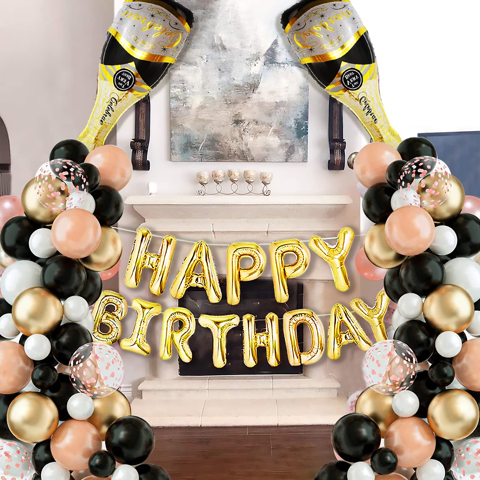 Champagne Balloon Garland Arch Kit, Gold Black Rose Gold and White Balloons Garland Kit Birthday Party Decorations for Women Men