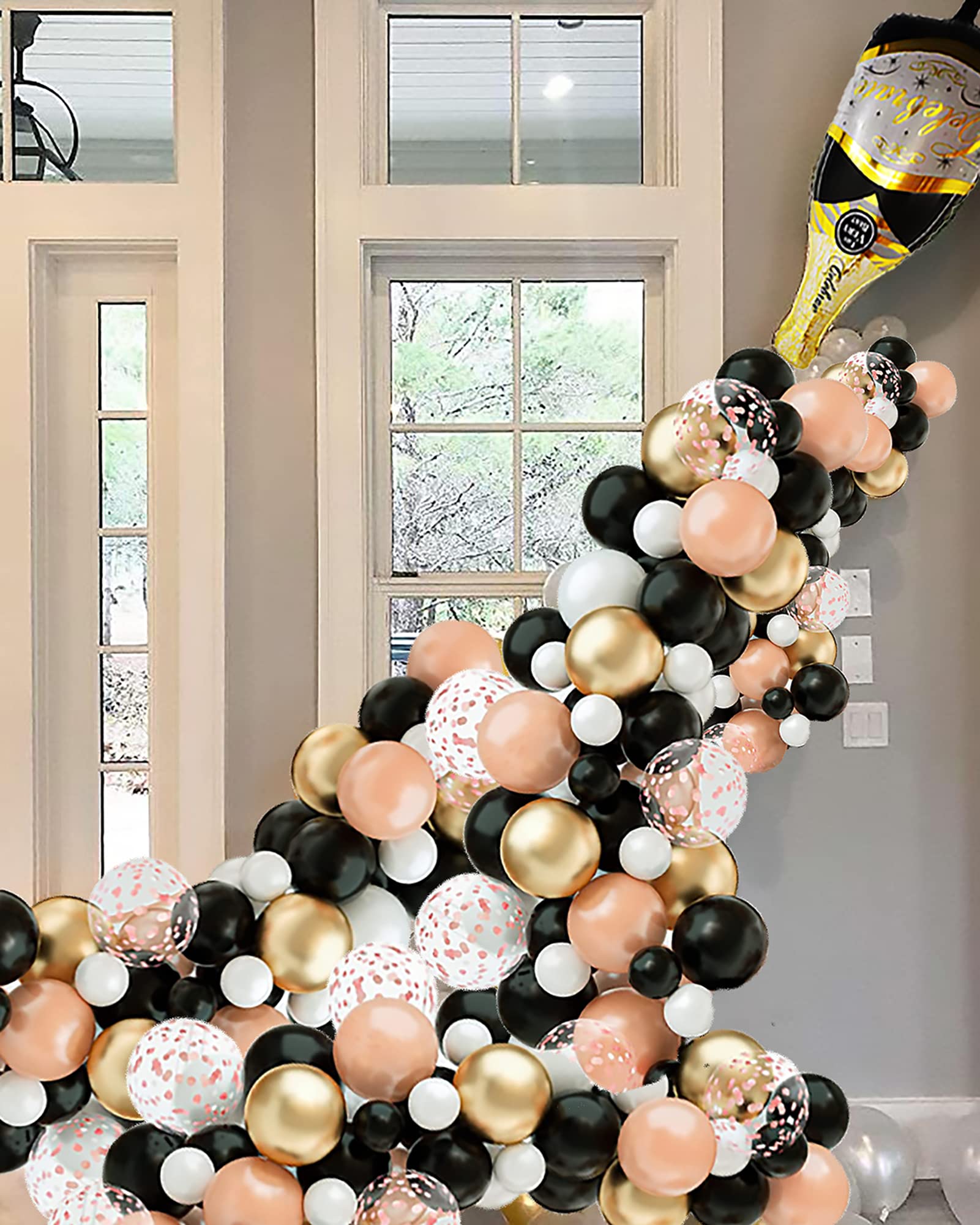 Champagne Balloon Garland Arch Kit, Gold Black Rose Gold and White Balloons Garland Kit Birthday Party Decorations for Women Men