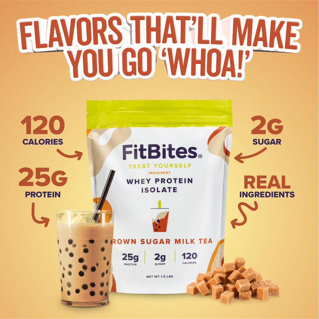 FitBites Boba Tea Protein Whey Protein Isolate (Brown Sugar Milk Tea), 5.9g BCAAs, Gluten Free, Zero, Sugar, Bubble Tea Protein Powder