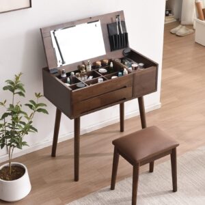 Vanity Desk with Lighted Mirror, Makeup Vanity Table Set, Large Drawer Sturdy Wooden, Soft Chair Dresser Desk for Bedroom