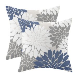 CXMEIFLY Navy Blue White Grey Pillow Covers 18x18 Inch Set of 2 Dahlia Floral Decor Throw Pillows Summer Modern Geometry Flower Outdoor Decorative Cushion Cases for Sofa Couch Bed Decorations