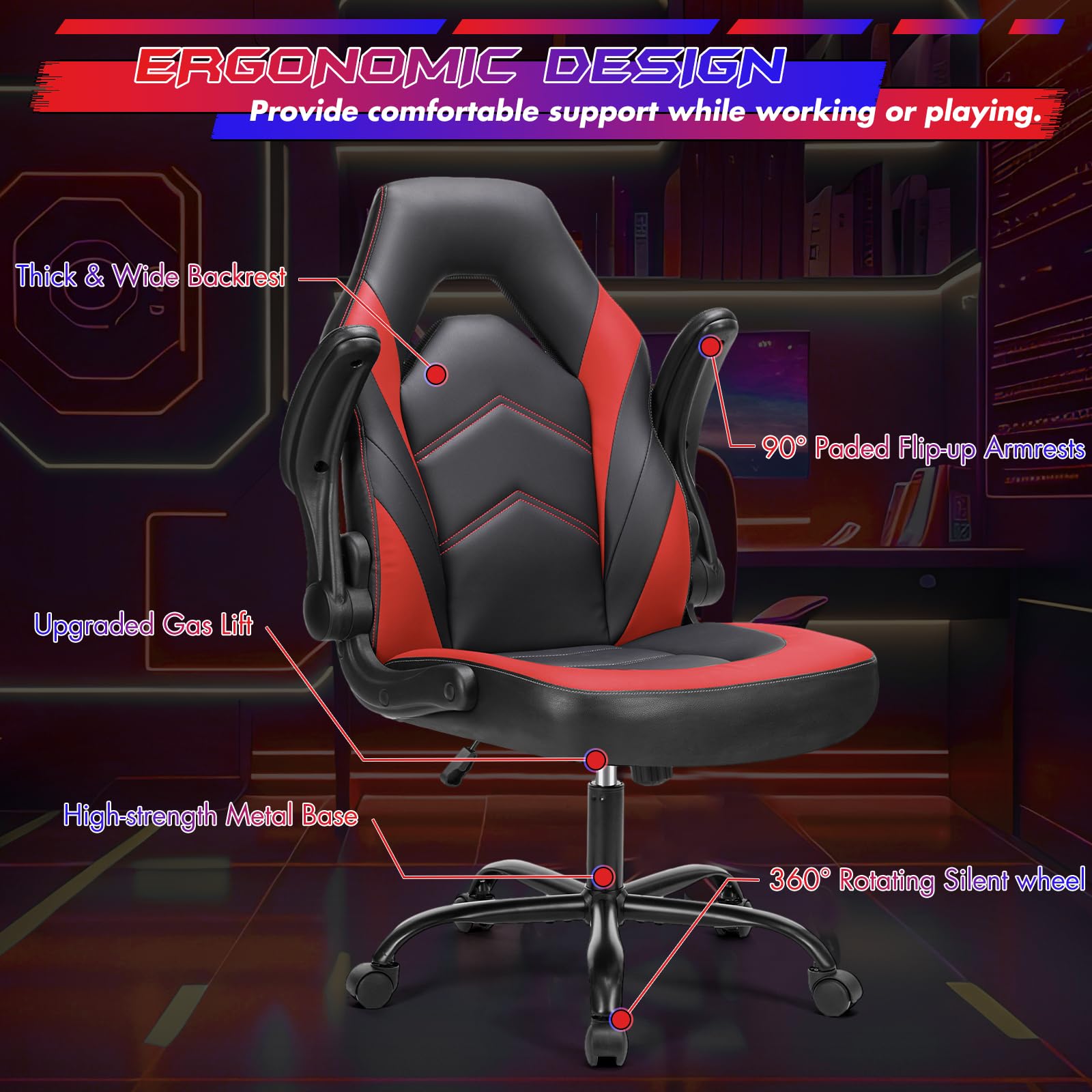 Sweetcrispy Computer Gaming Desk Chair - Ergonomic Office Executive Adjustable Swivel Task PU Leather Racing Chair with Flip-up Armrest for Adults, Kids, Men, Girls, Gamer, Black Red