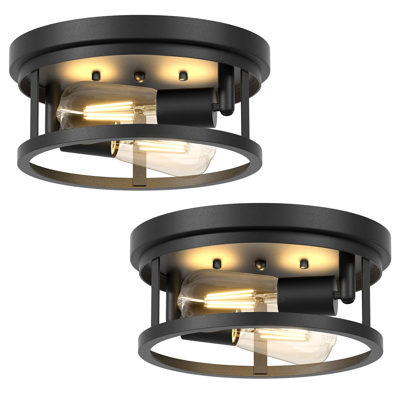 Feanron Farmhouse Matte Black Flush Mount Ceiling Light 2 Pack, 2-Lights 11 Inch Hallway Metal Cage Lighting Fixtures Ceiling Mount for Kitchen, Living Room, Bedroom, E26 Base (Bulb Not Included)