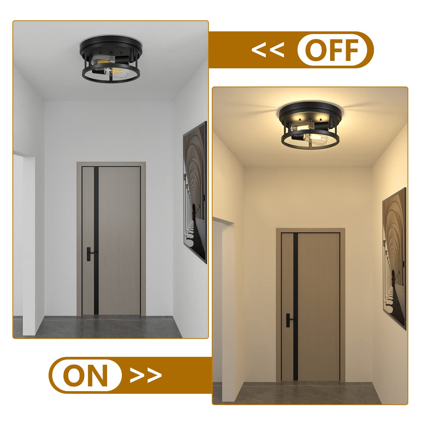 Feanron Farmhouse Matte Black Flush Mount Ceiling Light 2 Pack, 2-Lights 11 Inch Hallway Metal Cage Lighting Fixtures Ceiling Mount for Kitchen, Living Room, Bedroom, E26 Base (Bulb Not Included)