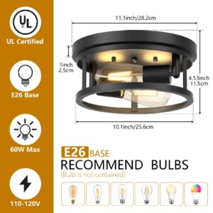 Feanron Farmhouse Matte Black Flush Mount Ceiling Light 2 Pack, 2-Lights 11 Inch Hallway Metal Cage Lighting Fixtures Ceiling Mount for Kitchen, Living Room, Bedroom, E26 Base (Bulb Not Included)