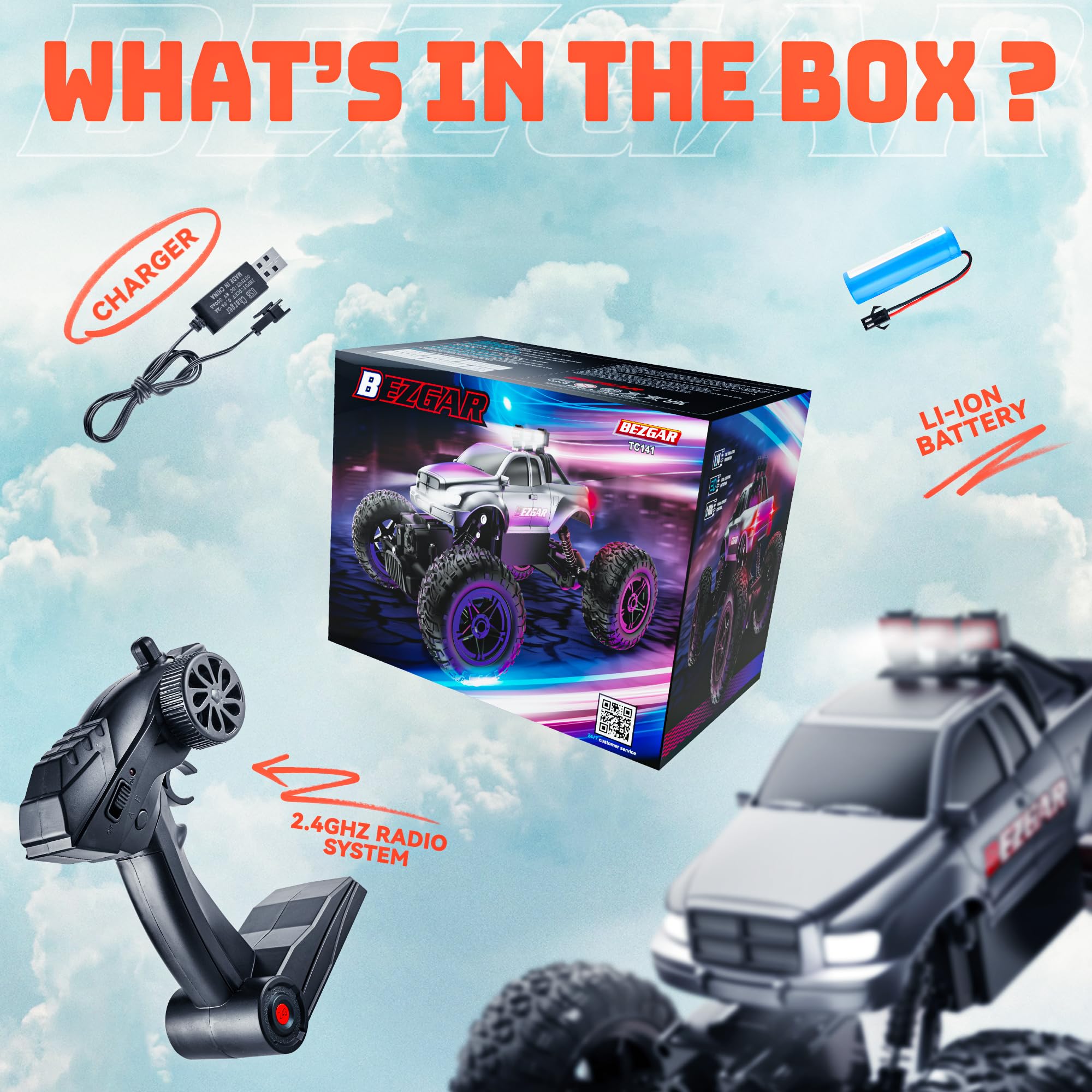 BEZGAR 1:14 Scale All Terrain Electric RC Truck - Waterproof Monster Truck for Kids with 2.4GHz Remote and Rechargeable Battery, TC141 Rc Car Remote Control Car for Boys 8-12