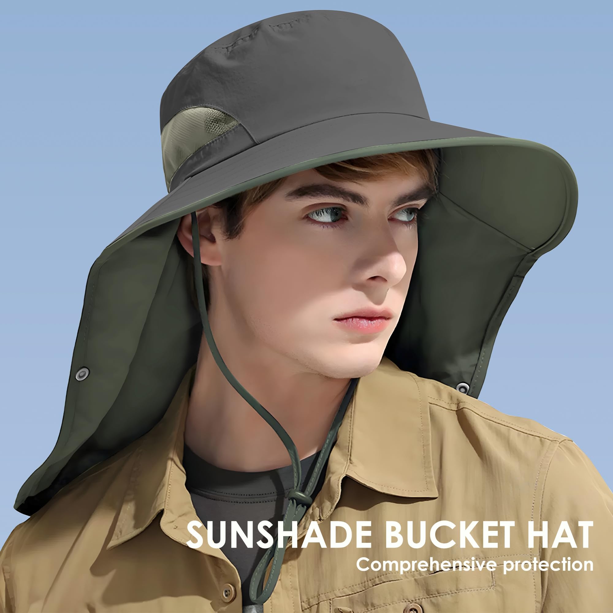 Outdoor Sun Hat Detachable Neck Face Flap UPF 50+UV Protection Visor Fishing Hats with Neck Flap for Men & Women Dark Grey