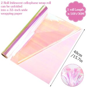 100 Ft x 32in Cellophane Wrap Roll for Gift Baskets Translucent Flower Wrapping Paper Holographic Iridescent Cellophane Wrap Roll for Gift Wrapping Weddings Father's Day Gifts (50 Ft/Rolls)