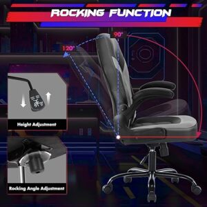 Sweetcrispy Computer Gaming Desk Chair - Ergonomic Office Executive Adjustable Swivel Task PU Leather Racing Chair with Flip-up Armrest for Adults, Kids, Men, Girls, Gamer, Black Grey