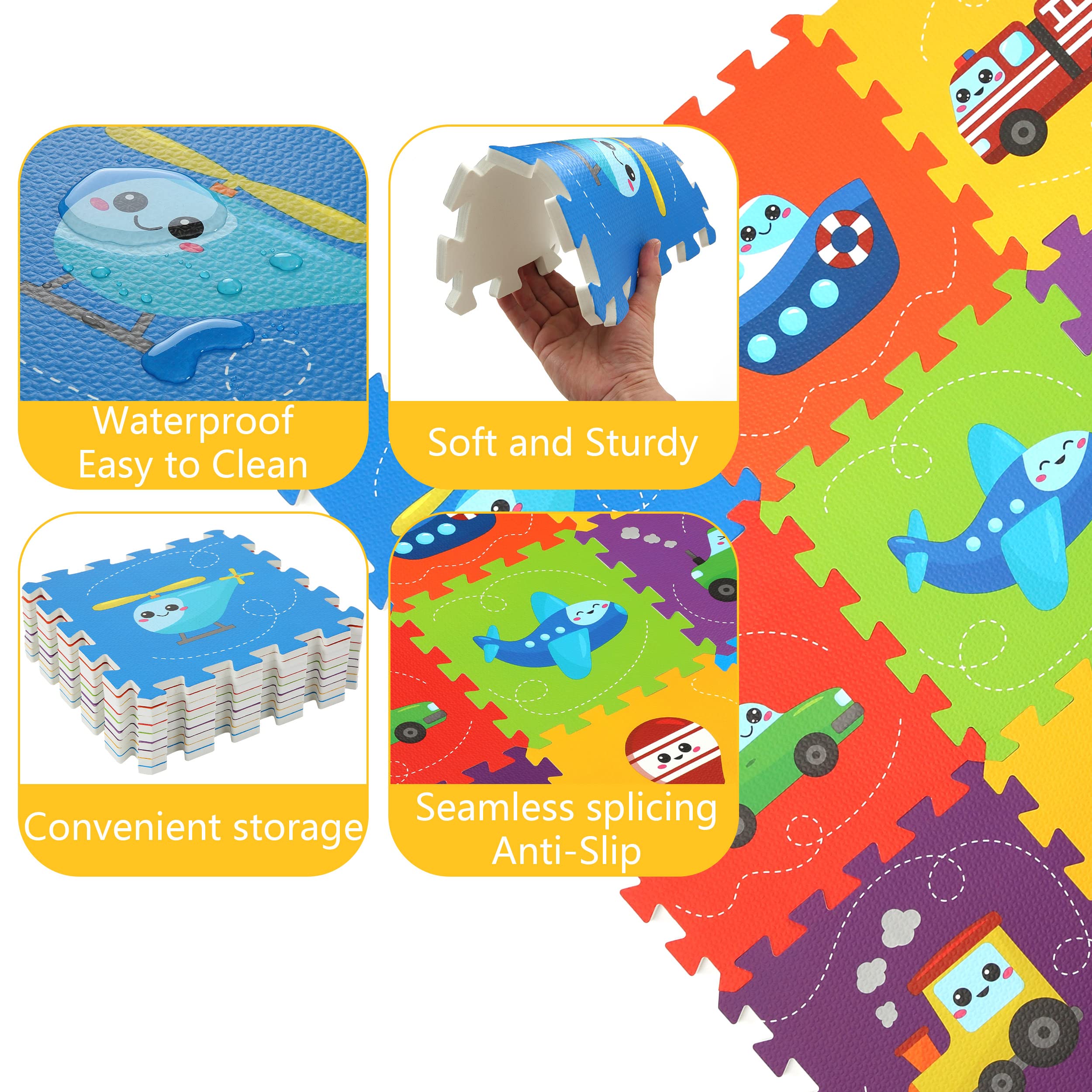 PLAY 10 Baby Play Mat, Foam Playmat for Babies, Kids Play Mat, Foam Floor Tiles 34×34 9 Pieces Vehicle Puzzle Mat