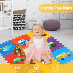 PLAY 10 Baby Play Mat, Foam Playmat for Babies, Kids Play Mat, Foam Floor Tiles 34×34 9 Pieces Vehicle Puzzle Mat