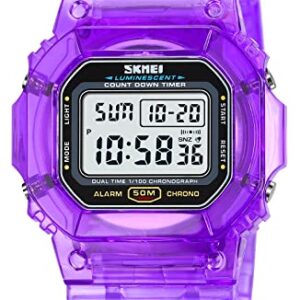 Gosasa Outdoor Sport Unisex Watches Back Light Digital Watches Transparent Multifunctional Wristwatch Casual Style Stopwatch Date 5Bar Waterproof (Purple)