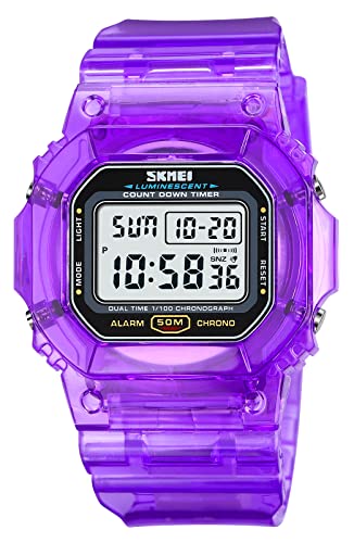 Gosasa Outdoor Sport Unisex Watches Back Light Digital Watches Transparent Multifunctional Wristwatch Casual Style Stopwatch Date 5Bar Waterproof (Purple)