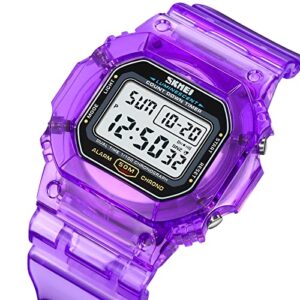 Gosasa Outdoor Sport Unisex Watches Back Light Digital Watches Transparent Multifunctional Wristwatch Casual Style Stopwatch Date 5Bar Waterproof (Purple)