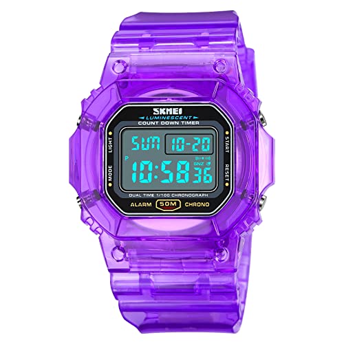 Gosasa Outdoor Sport Unisex Watches Back Light Digital Watches Transparent Multifunctional Wristwatch Casual Style Stopwatch Date 5Bar Waterproof (Purple)