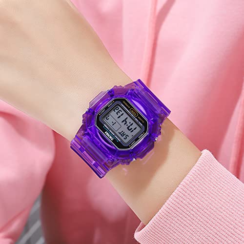 Gosasa Outdoor Sport Unisex Watches Back Light Digital Watches Transparent Multifunctional Wristwatch Casual Style Stopwatch Date 5Bar Waterproof (Purple)