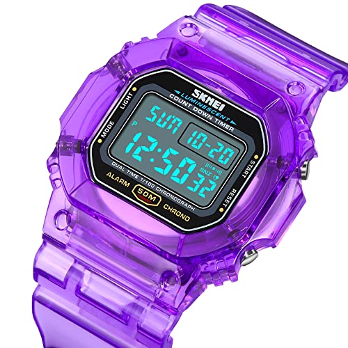 Gosasa Outdoor Sport Unisex Watches Back Light Digital Watches Transparent Multifunctional Wristwatch Casual Style Stopwatch Date 5Bar Waterproof (Purple)