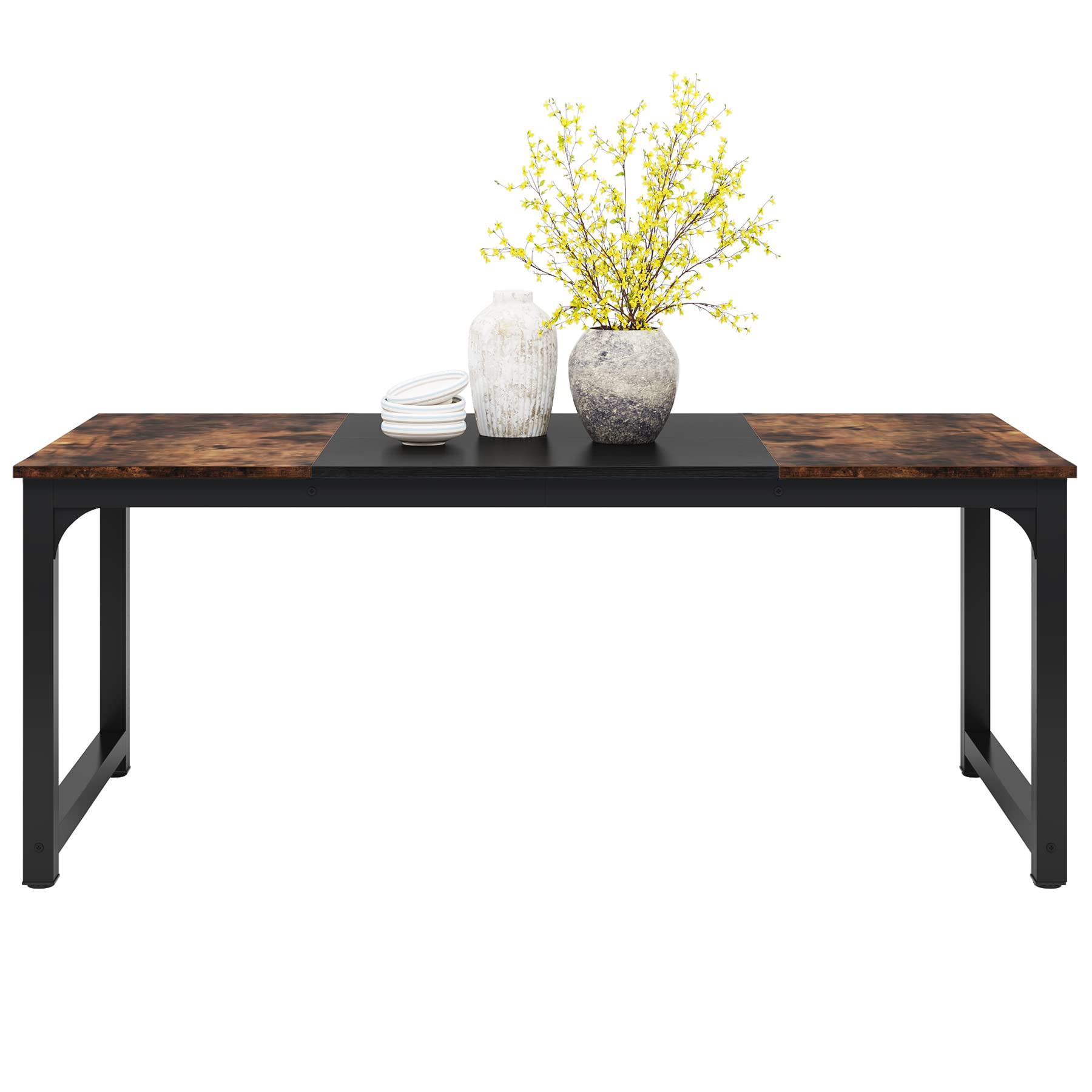 LITTLE TREE 70.9 Inch Large Dining Table Rectangular Kitchen Furniture for 6 to 8 People, Brown+Black