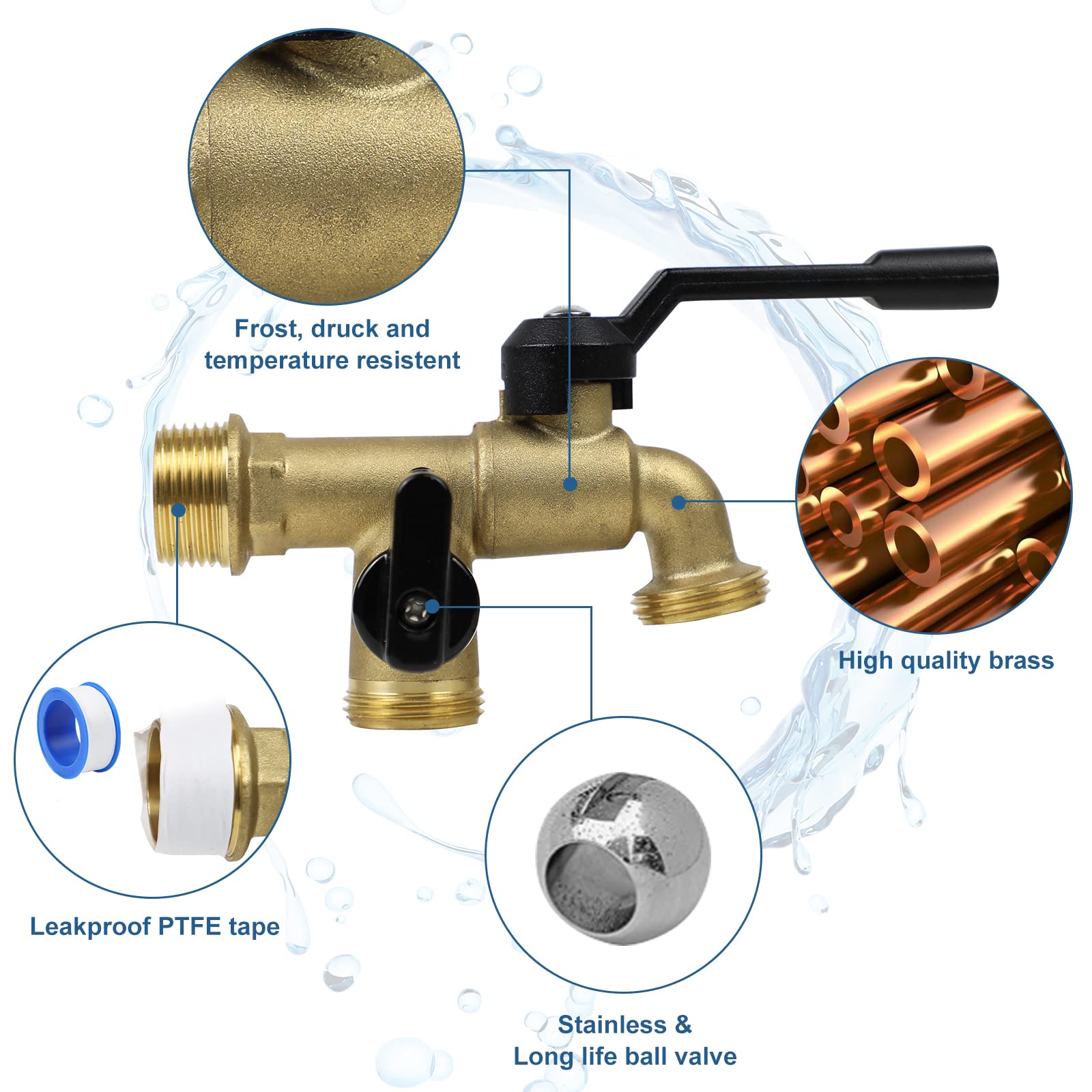 Outdoor Double Taps Water Faucet, Wall Mounted Garden Two 3/4 inch Brass Ball Valves Water Tap Splitter, Frost-Proof Outside Spigot Replacement with 2 Outlets for Home, Balcony, Hose Connector