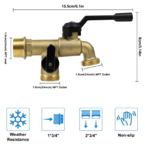 Outdoor Double Taps Water Faucet, Wall Mounted Garden Two 3/4 inch Brass Ball Valves Water Tap Splitter, Frost-Proof Outside Spigot Replacement with 2 Outlets for Home, Balcony, Hose Connector