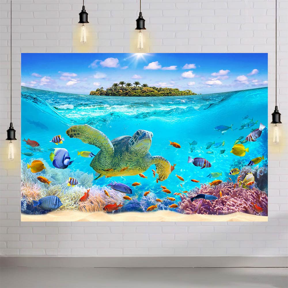 MEHOFOND 7x5ft Soft Fabric Summer Ocean Photography Backdrop Under The Sea Turtle Photo Background Ocean Coral Sky Clouds Seaside Islands Birthdy Baby Shower Party Decor Portrait Photo Props