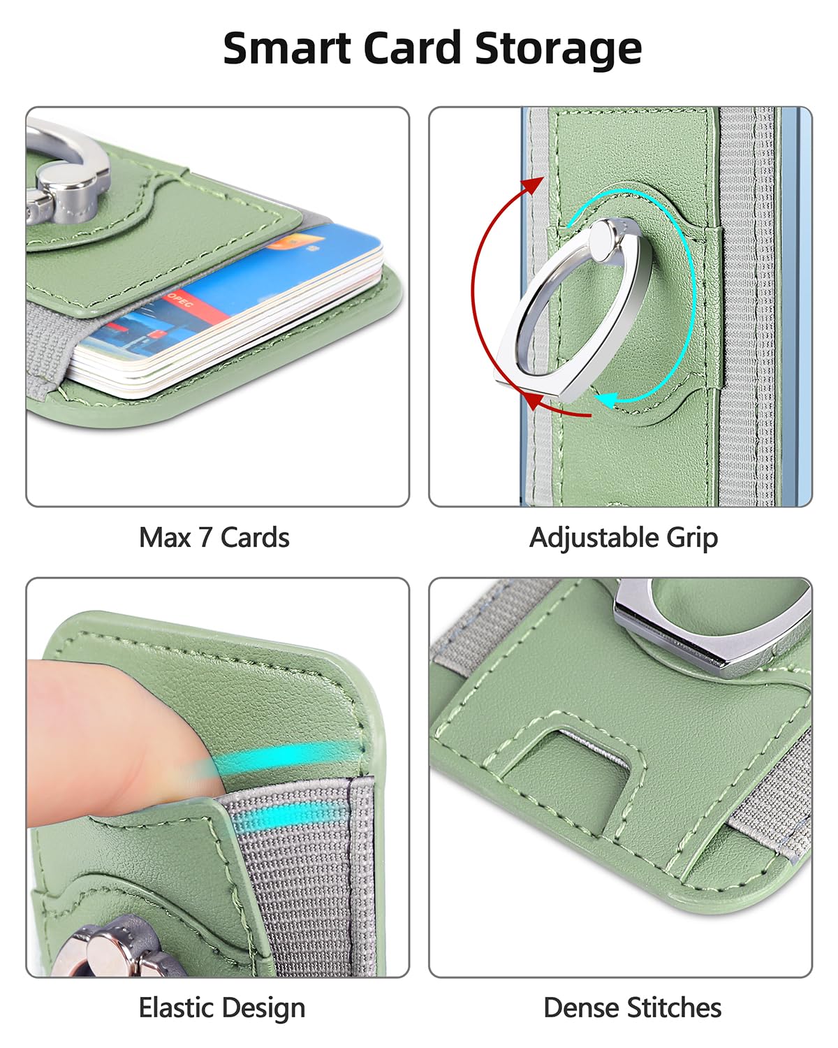 ExtreLife for Magsafe Wallet, Strongest Magnetic Wallet, for iPhone Wallet Magsafe with Ring Grip, Magnetic Card Holder Wallet for iPhone 15/14/13/12 Series, Vegan Leather, Fit 7 Cards, Matcha Green